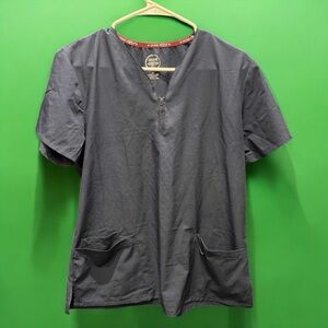 Divine stretch navy blue Women's  V-Neck quarter zip Scrub Top MEDIUM
